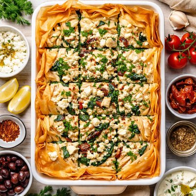 Image of Greek Spinach Chicken Casserole in Phyllo