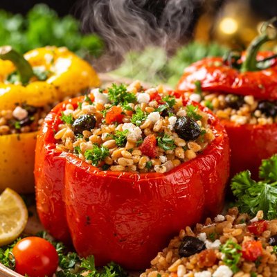 Image of Greek Stuffed Bell Peppers and Tomatoes Vegetarian
