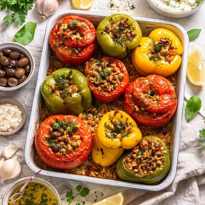 Image of Greek Stuffed Tomatoes and Peppers