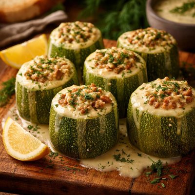 Image of Greek Stuffed Zucchini Kolokithakia Yemista Avgolemono
