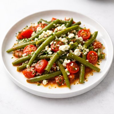 Image of Greek Style Green Beans with Tomatoes and Feta Cheese