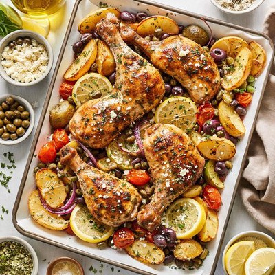Image of Greek Style Roasted Chicken Legs Potatoes and Capers