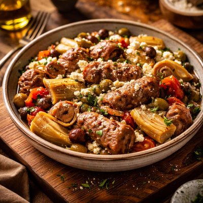 Image of Greek Style Slow Cooker Sausage and Artichokes