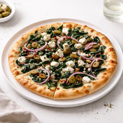 Image of Greek Style Spinach Olive Pizza Vegetarian