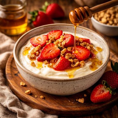 Image of Greek Yogurt Dessert with Honey and Strawberries