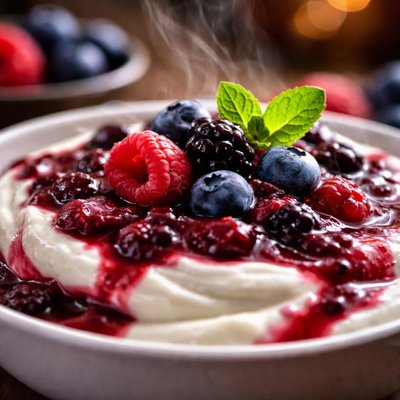 Image of Greek Yogurt with Warm Berry Sauce