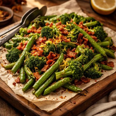 Image of Green Beans and Broccoli with a Bacon Lemon Topping