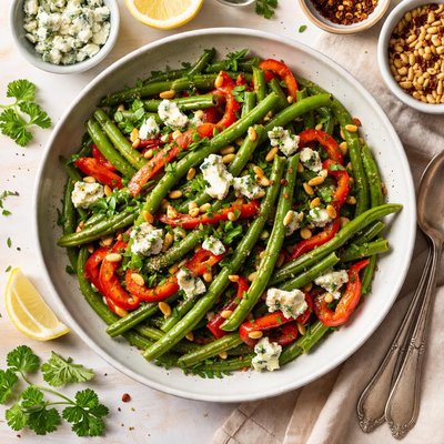 Image of Green Beans with Blue Cheese and Roasted Peppers