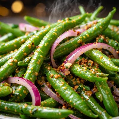 Image of Green Beans with Red Onion and Mustard Vinaigrette