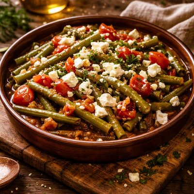 Image of Green Beans with Tomatoes and Feta Cheese Fasolakia Me Domata Ka
