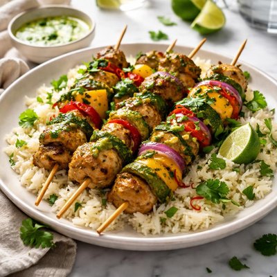 Image of Green Curry Chicken N Veg Kebabs Over Rice