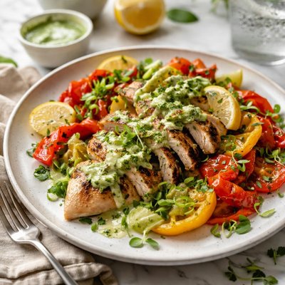 Image of Green Goddess Grilled Chicken Roasted Peppers Atkins