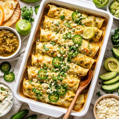 Image of Green Jalapeno and Tomatillo Chicken Enchiladas