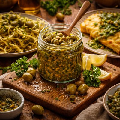 Image of Green Olive Sauce with Pasta Fish or Omelet