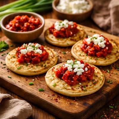Image of Green Onion Blinis with Red Pepper Relish and Goat Cheese