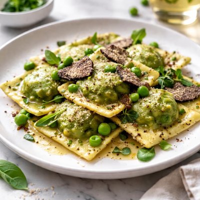 Image of Green Pea Ravioli with Truffle Butter Sauce