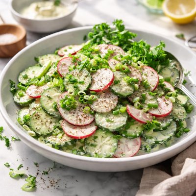 Image of Greens Cukes and Radish Salad with Creamy Dressing