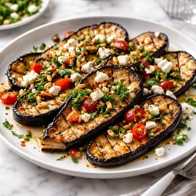 Image of Griddled Marinated Aubergine Eggplant with Feta