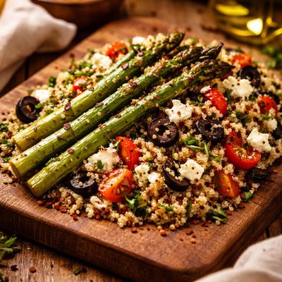 Image of Grilled Asparagus and Quinoa Salad with Goat Cheese and Black Ol