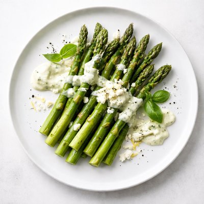 Image of Grilled Asparagus with a Basil Goat Cheese Sauce