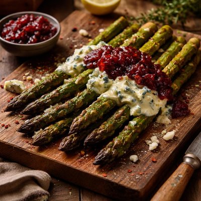 Image of Grilled Asparagus with Blue Cheese Butter and Red Onion Chutney
