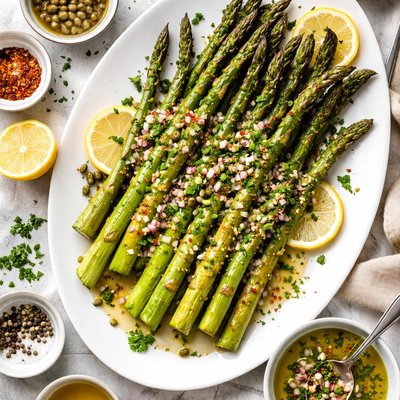 Image of Grilled Asparagus with Lemon Caper Vinaigrette