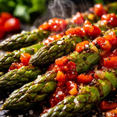 Image of Grilled Asparagus with Red Bell Peppers Sauce
