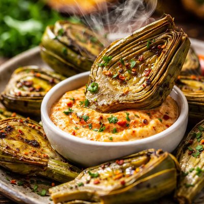 Image of Grilled Baby Artichokes W Pepper Dip