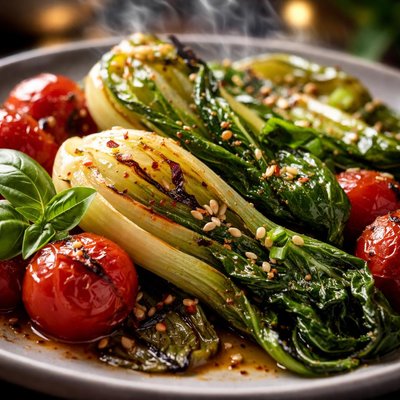 Image of Grilled Baby Bok Choy and Tomato Side Dish