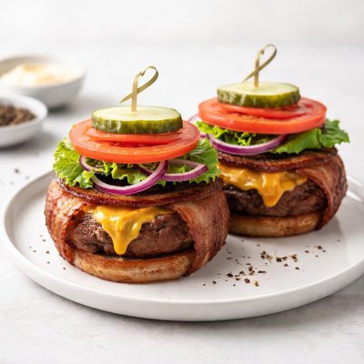 Image of Grilled Bacon Wrapped Cheddar Burgers