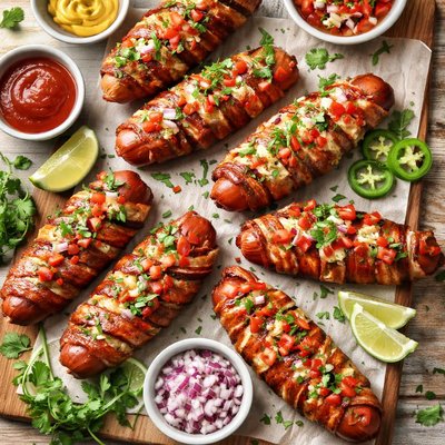Image of Grilled Bacon Wrapped Stuffed Hot Dogs