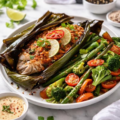 Image of Grilled Banana Leaf Fish W Sauteed Veggies