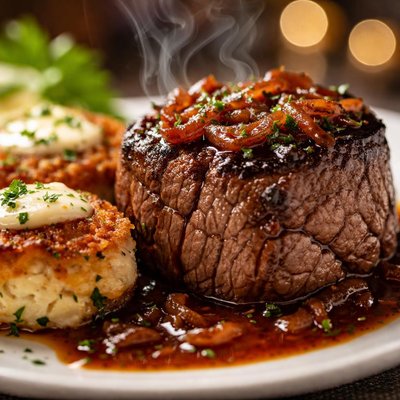 Image of Grilled Beef Filet with Crab Cakes and Caramelized Onion Sauce