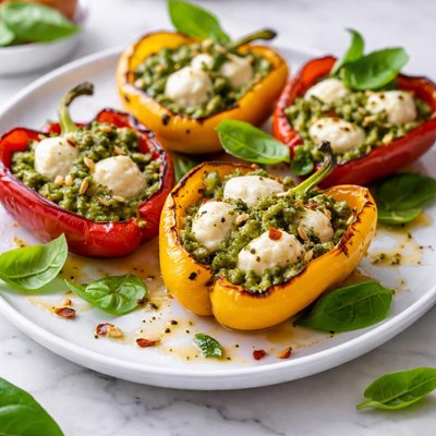 Image of Grilled Bell Peppers Stuffed with Basil Pesto Boccocini Cheese