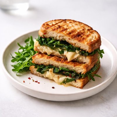 Image of Grilled Brie Sandwiches with Greens and Garlic