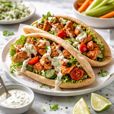 Image of Grilled Buffalo Chicken Salad Sandwiches or Pitas