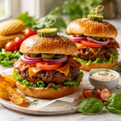 Image of Grilled Burgers with Garden Vegetables