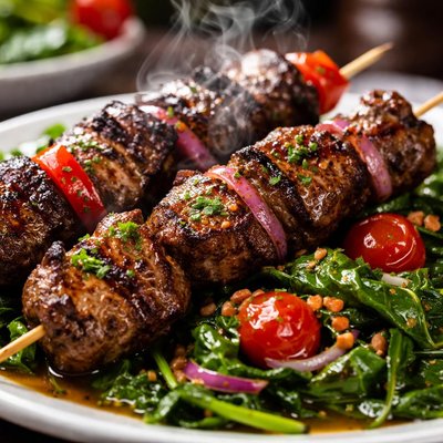 Image of Grilled Calf Liver Kabobs with Wilted Spinach Salad