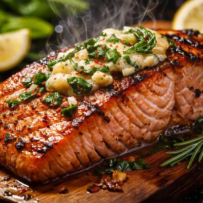 Image of Grilled Cedar Plank Salmon with Garlic Basil Butter
