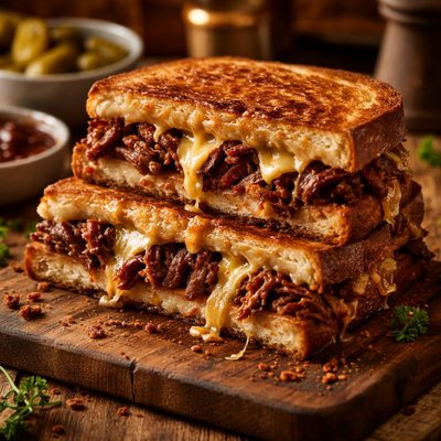 Image of Grilled Cheese and Pulled Short Ribs Sandwich