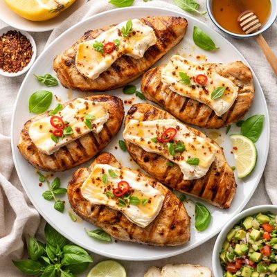 Image of Grilled Chicken and Pineapple Topped with Brie
