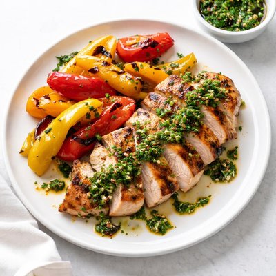 Image of Grilled Chicken and Tri Color Peppers with Chimichurri Sauce W