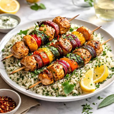 Image of Grilled Chicken and Veggie Kabobs Atop Sage Rice
