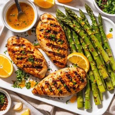 Image of Grilled Chicken Breasts and Asparagus with Orange Glaze
