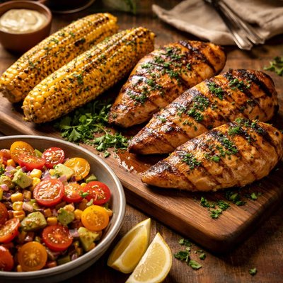 Image of Grilled Chicken Breasts with Grilled Corn and Tomato Salad