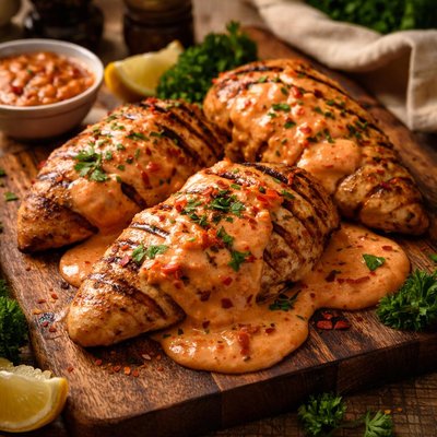 Image of Grilled Chicken Breasts with Roasted Red Pepper Cream Sauce