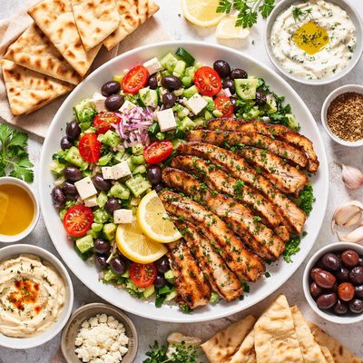Image of Grilled Chicken Greek Style with Salad and Warm Pita Bread for