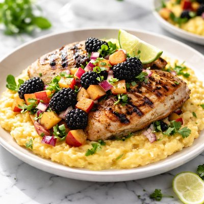 Image of Grilled Chicken Polenta with Nectarine Blackberry Salsa