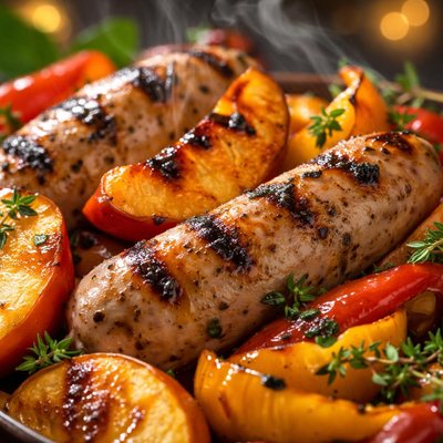 Image of Grilled Chicken Sausage W Peaches and Peppers