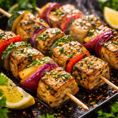 Image of Vegetarian Grilled Chicken Skewers with Lemon Herb Marinade